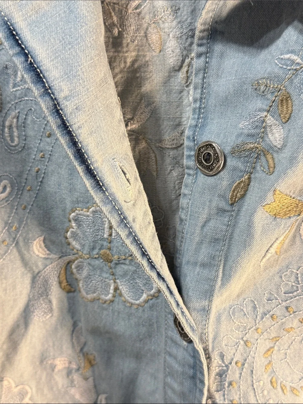Chico's Light Blue Embroidered Denim shirt with Floral Accents - Picture 6 of 7
